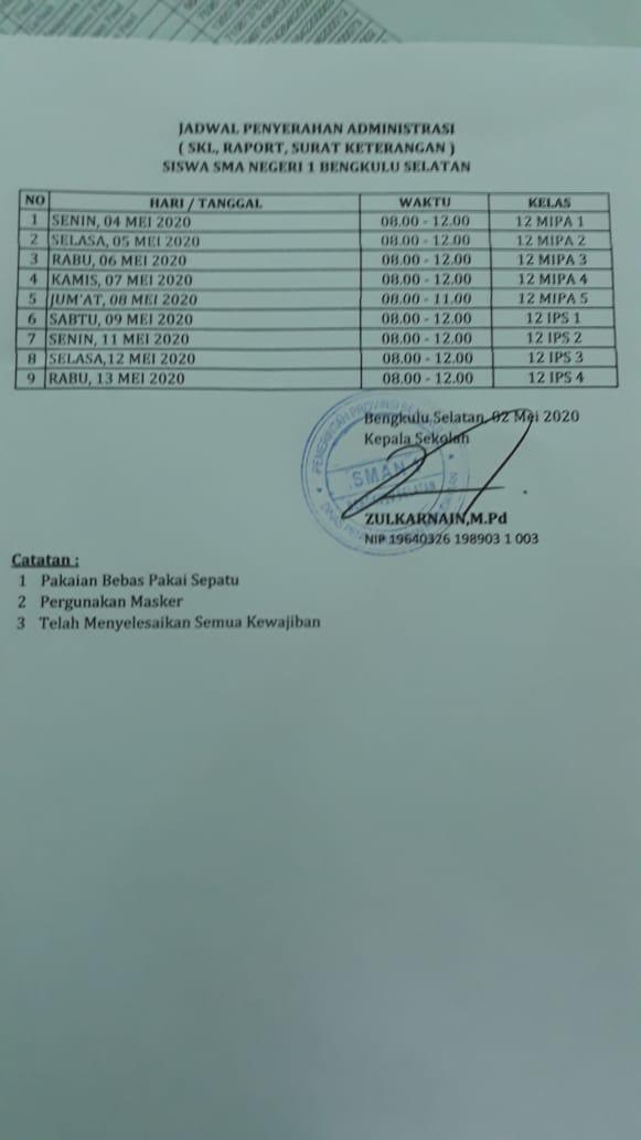 JADWAL PENGAMBILAN SKL, RAPORT DAN SURAT KETERANGAN